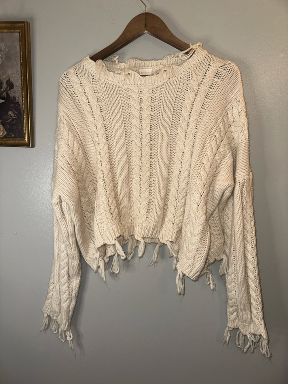 Altar’d State Distressed Cable Knit Cropped Sweater Boho Cream M - Picture 5 of 7